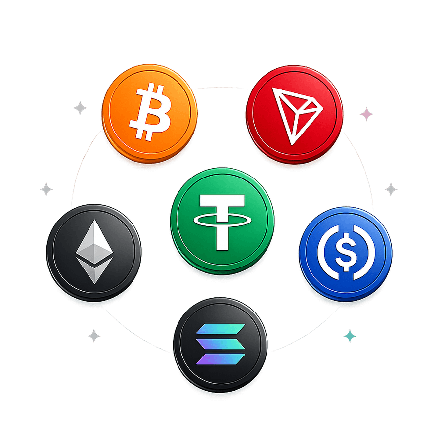 Bitcoin, Tron, Tether, USD Coin, Ethereum and Solana coins